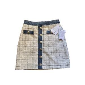 GUESS XS Tweed Mini Skirt White Blue Denim Trim Preppy Y2K Button Front NWT